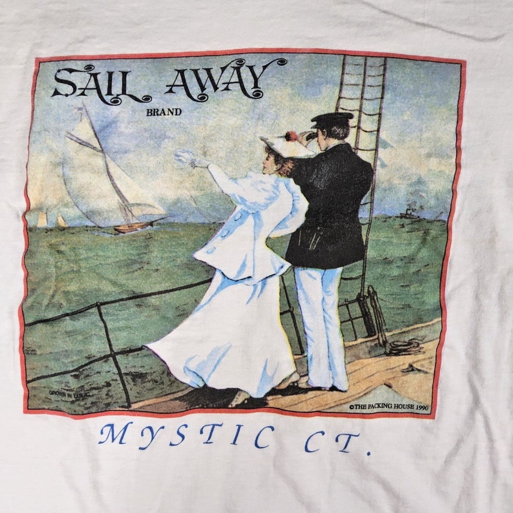 Vintage 1990 Sail Away Mystic CT T-Shirt Oneita Power-T XL White Nautical Yacht - Picture 2 of 7